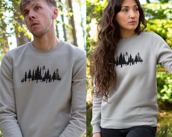 Forest Print Sweater in Light Grey - Unisex Sustainable Streetwear - Classic Crew Neck