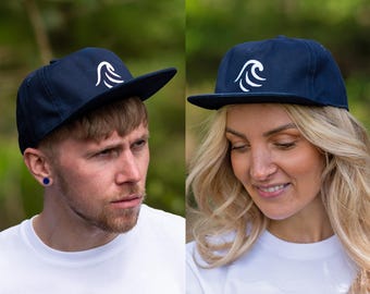 Ocean Wave Emblem Cap in Oxford Navy Blue - Unisex Sustainable Streetwear - Organic Cotton Snapback