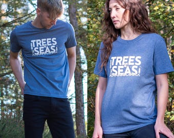 Trees & Seas T-shirt in Heather Blue - Unisex Sustainable Streetwear - For Nature and Outdoors Lovers