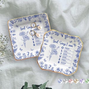 Personalized Christian Name Jewelry Dish, God Says I Am Ring Dish Toile De Jouy, Ring Dish With Bible Verses, Scripture Gift, Religious Gift