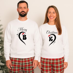 Merry Christmas Couple Sweatshirt, Custom Initials Half Heart Crewneck, His and Hers Santa Hat Monogram Pullover, Spouse Winter Gift Sweater