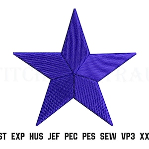 Könnte beinhalten: Ein detailliertes Stickdesign mit einem königsblauen, fünfzackigen Stern. Der Stern ist auf einem weißen Hintergrund zentriert. Unter dem Stern stehen die Abkürzungen: DST EXP HUS JEF PEC PES SEW VP3 XXX.