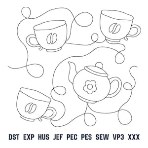 Könnte beinhalten: Ein schwarz-weißes Stickmuster mit einer zentralen Teekanne mit Blumenmotiv, umgeben von drei Kaffeetassen mit Bohnensymbolen, die durch geschwungene Linien verbunden sind. Der Text am unteren Rand lautet: DST EXP HUS JEF PEC PES SEW VP3 XXX.