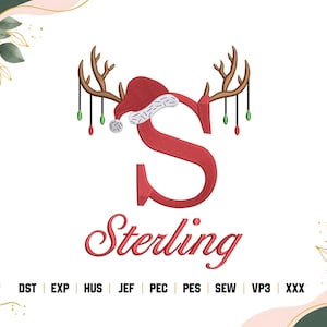 May include: An embroidery design featuring a large red letter S adorned with brown reindeer antlers, a red and white Santa hat, and hanging Christmas lights. Below the letter is the word Sterling in red script, followed by file formats DST, EXP, HUS, JEF, PEC, PES, SEW, VP3, and XXX.