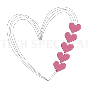 May include: An embroidered design featuring a large heart outline with a series of curved lines. Five pink hearts are arranged along the right side of the heart. The design is on a white background.