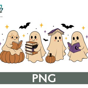 Maglietta Fantasmi che leggono libri PNG, Fantasma di Halloween appassionato di libri PNG, Sublimazione per Halloween per amanti dei libri, Simpatico fantasma che legge PNG, Download digitale