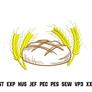 Puede incluir: Un diseño de bordado que muestra una hogaza de pan redonda con una corteza entrecruzada, flanqueada por dos tallos de trigo amarillo dorado a cada lado. Debajo de la ilustración, el texto dice: DST EXP HUS JEF PEC PES SEW VP3 XXX.