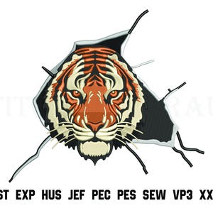 May include: An embroidered tiger head design bursting through a torn surface. The tiger features orange, black, and cream colors. The image includes the text "DST EXP HUS JEF PEC PES SEW VP3 XXX".