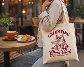 Galentine Gift Tote Bag - Funny Galentines Day Tote for Friends & Besties | Girls Club Cat Tote | Cute Valentine Alternative Gift