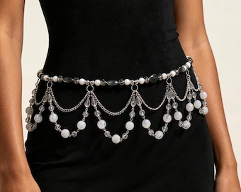 Monochrome Rave Körperkette, geschichtete Metall Punk Taille Perlen, Musik Festival Outfit Zahnrad