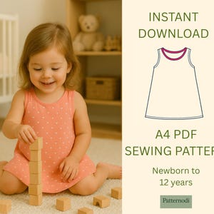 Toddler playing with blocks in peach kids a line dress, nursery mockup for A4 PDF sewing pattern download