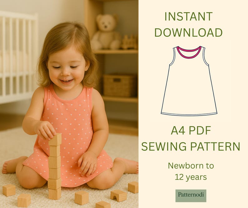 Toddler playing with blocks in peach kids a line dress, nursery mockup for A4 PDF sewing pattern download