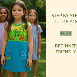 Group of girls wearing kids a line dresses, front child in fox pocket dress, step by step tutorials text