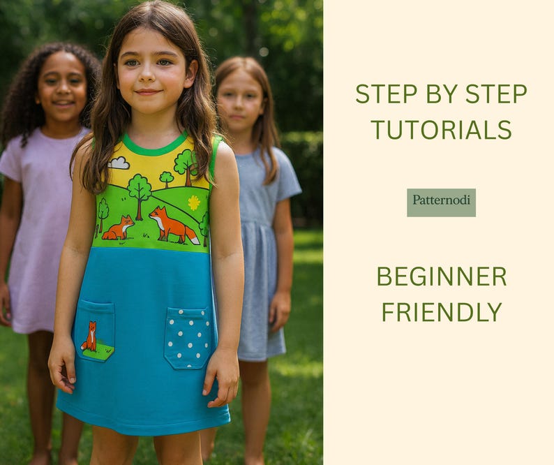 Group of girls wearing kids a line dresses, front child in fox pocket dress, step by step tutorials text