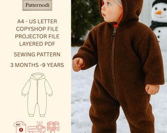 Patrón de costura en PDF para pelele de bebé: Mono unisex de forro polar (3 meses a 9 años)