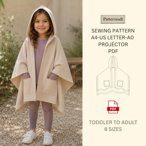 Puede incluir: Una niña con un poncho con capucha beige con bolsillos, combinado con leggings lavanda y zapatillas blancas. La imagen incluye el texto "SEWING PATTERN A4-US LETTER-AO PROJECTOR PDF" y "TODDLER TO ADULT 8 SIZES".