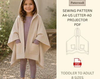 Poncho PDF-patroon met capuchon Comfort wear projector voor peuters tot volwassenen