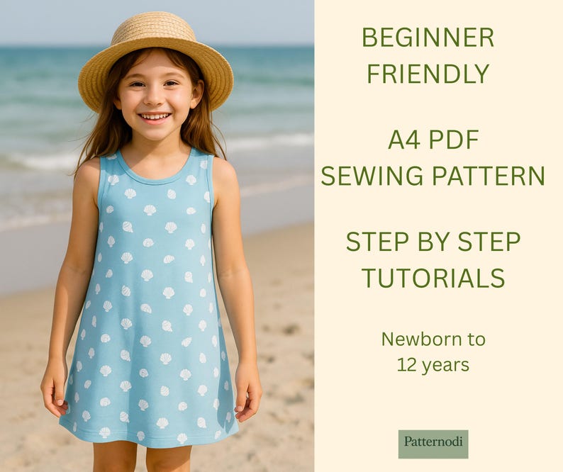 Girl in seashell print blue kids a line dress on beach, beginner friendly A4 PDF sewing pattern promo