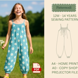 May include: A young girl wearing a turquoise jumpsuit with white daisy patterns. The jumpsuit has thin straps and gathered details. The image also includes a sewing pattern graphic with the text "Patternodi" and "12M - 14 YEARS SEWING PATTERN".