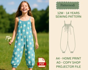Kids Romper Pattern PDF, Daisy Jumpsuit Sewing, 12M–14Y, A4 A0 Projector