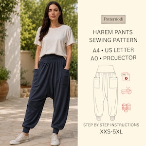 May include: A woman wearing navy harem pants with pockets and a cream-colored t-shirt. The image includes a sewing pattern diagram and text that reads "HAREM PANTS SEWING PATTERN" and "XXS-5XL".
