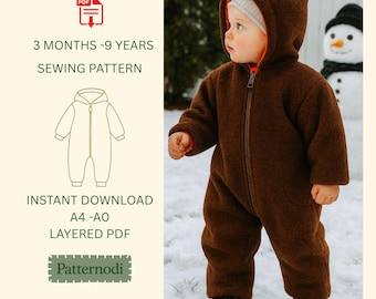 Baby Romper PDF Sewing Pattern: Unisex Fleece Jumpsuit  (3M-9Y)