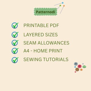 Puede incluir: Gr&aacute;fico beige claro con el texto "Patternodi" en un rect&aacute;ngulo verde, junto con una lista de caracter&iacute;sticas: PDF imprimible, Tallas en capas, M&aacute;rgenes de costura, A4 - Impresi&oacute;n dom&eacute;stica y Tutoriales de costura. Tambi&eacute;n se muestran alfileres y botones de costura.