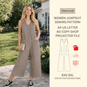 May include: A woman wearing a sleeveless, wide-leg jumpsuit in a neutral taupe color. The jumpsuit has a V-neck, front pockets, and is paired with black and white sneakers. The image includes text that reads "WOMEN JUMPSUIT SEWING PATTERN".