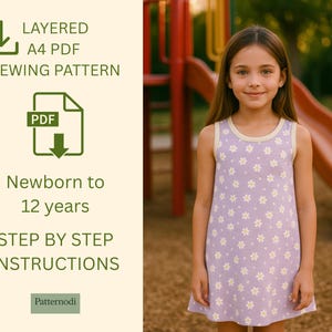 Girl in lilac daisy print kids a line dress at playground, promo image for layered A4 PDF sewing pattern listing