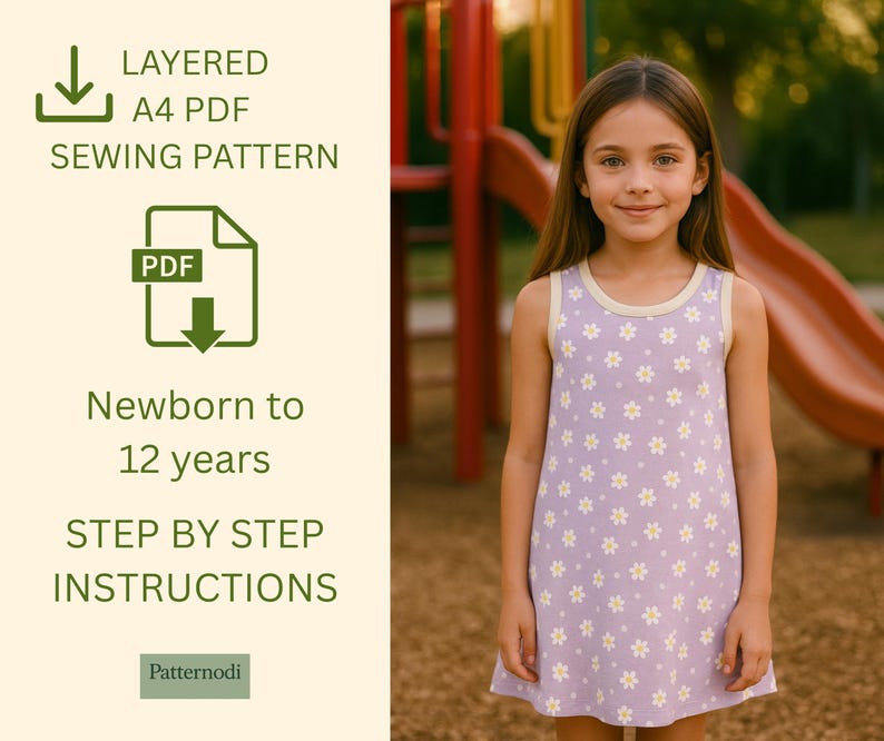Girl in lilac daisy print kids a line dress at playground, promo image for layered A4 PDF sewing pattern listing