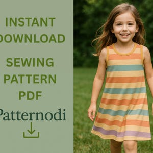 Smiling girl in striped kids a line dress running on grass, instant download sewing pattern PDF graphic