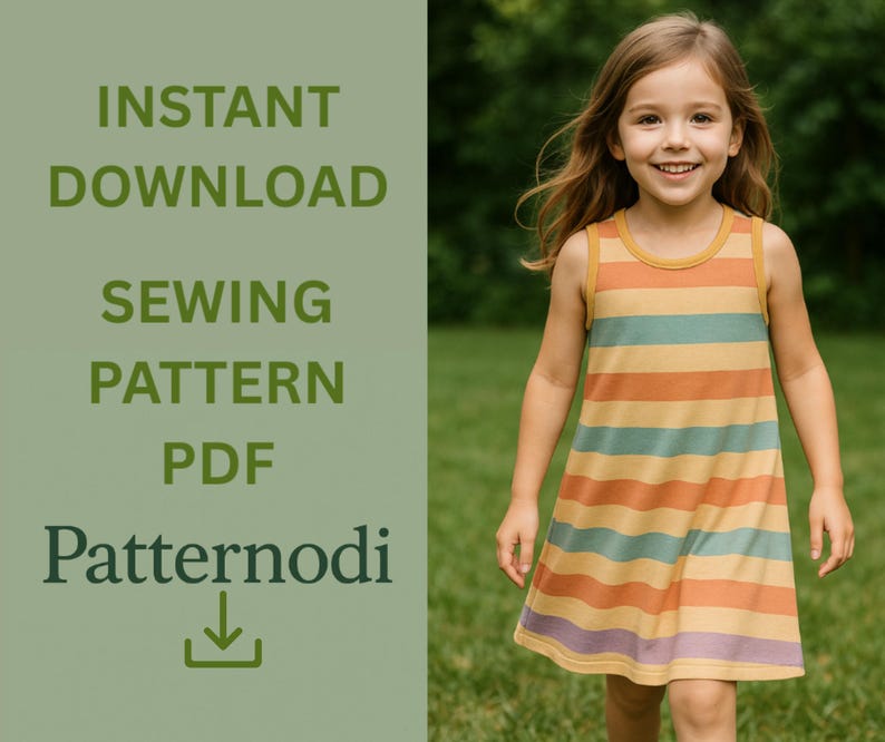 Smiling girl in striped kids a line dress running on grass, instant download sewing pattern PDF graphic