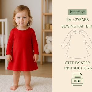 May include: A young child wearing a bright red long-sleeved dress. The image includes text that reads "Patternodi 1M - 2YEARS SEWING PATTERN" and "STEP BY STEP INSTRUCTIONS". A PDF icon is also visible.