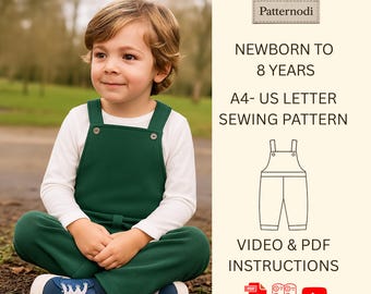 Naaipatroon kinderoveralls pdf pasgeboren tot 8 jaar, gemakkelijk gebreide tuinbroek met videotutorial, A4 US Letter
