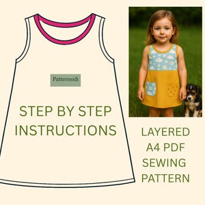 Illustration and photo of kids a line dress with pockets, step by step layered A4 PDF sewing pattern instructions