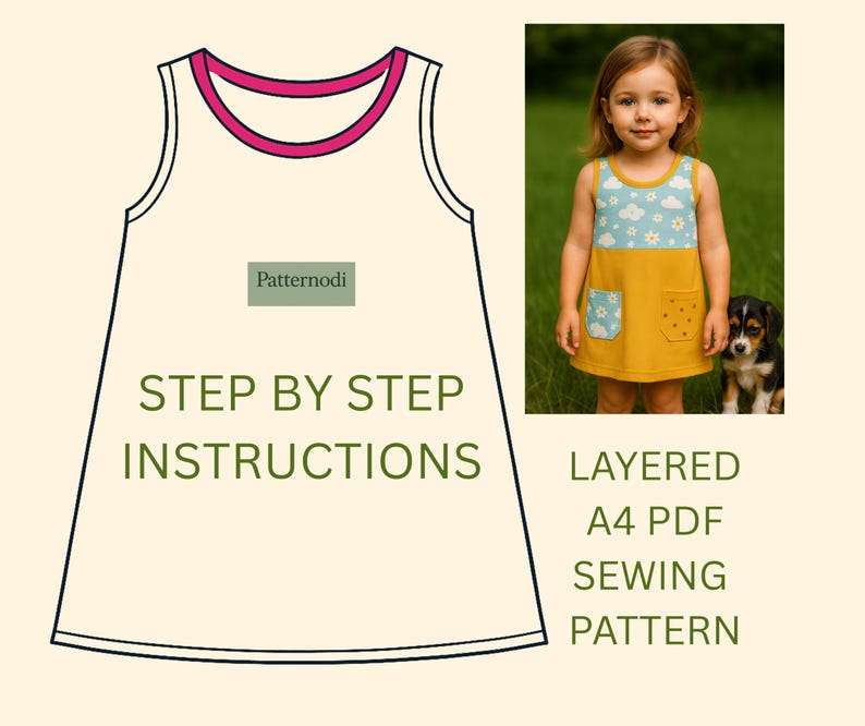 Illustration and photo of kids a line dress with pockets, step by step layered A4 PDF sewing pattern instructions