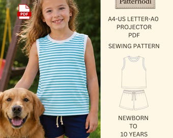 Kinderzomerset pdf-patroon voor pasgeborenen tot 10 jaar | DIY-outfit A4 A0-projector