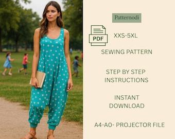 Women's Harem Jumpsuit Sewing Pattern: Drop Crotch Romper (A4-A0-Projector File PDF)