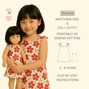 May include: A young girl holds a doll, both wearing matching dresses with a red floral pattern on a cream background. The image includes text that reads "MATCHING GIRL & DOLL OUTFIT PRINTABLE A4 SEWING PATTERN 2-8 YEARS STEP BY STEP INSTRUCTIONS."
