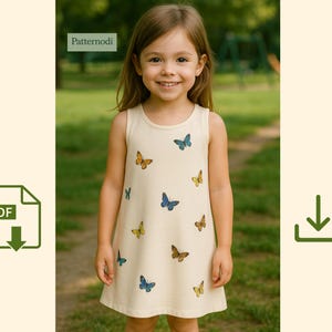 Smiling girl in cream kids a line dress with colorful butterflies, outdoor mockup for PDF sewing pattern listing