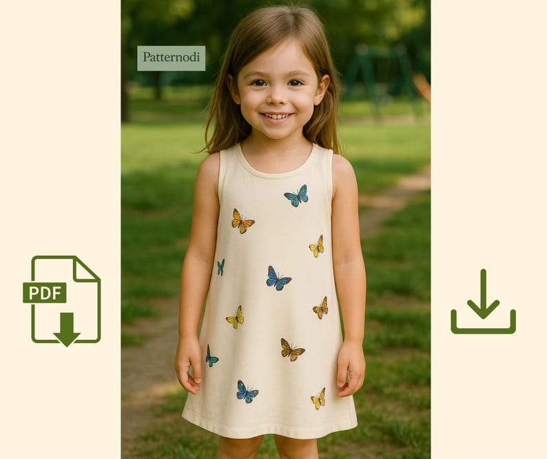 Smiling girl in cream kids a line dress with colorful butterflies, outdoor mockup for PDF sewing pattern listing
