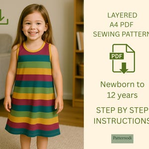 Girl wearing striped kids a line dress, layered A4 PDF sewing pattern with step by step instructions text