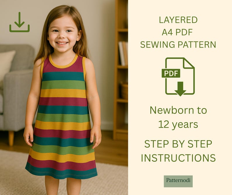 Girl wearing striped kids a line dress, layered A4 PDF sewing pattern with step by step instructions text