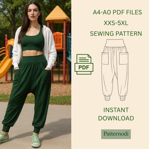 以下が含まれることがあります： 濃い緑色のスポーツブラ、ハーレムパンツ、白いジャケットを着た女性。画像には「A4-A0 PDF FILES、XXS-5XL、SEWING PATTERN」と「INSTANT DOWNLOAD」というテキストが含まれています。PDFアイコンも表示されています。