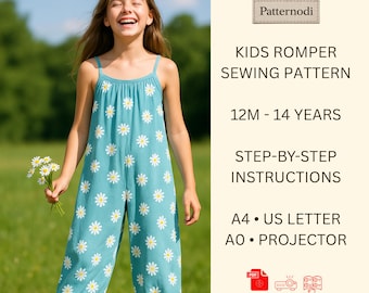 Patroon kinderromper pdf, naaien madeliefje jumpsuit, 12 M–14 jaar, A4 A0-projector