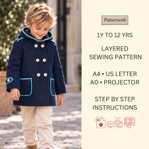 May include: A navy blue hooded coat with light blue piping, six light-coloured buttons, and two pockets. Text reads: Patternodi, 1Y TO 12 YRS, LAYERED SEWING PATTERN, A4, US LETTER, A0, PROJECTOR, STEP BY STEP INSTRUCTIONS with PDF icons.