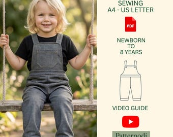 Knit Overalls PDF Sewing Pattern, Retro Baby Dungarees, 0-8Y, Cloth Nappy Friendly, Video Guide