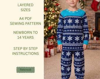 Naaipatroon kinderpyjama PDF | Kerstpyjama voor pasgeborenen tot 14 jaar | A4-pyjamaset