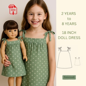 Patrón de costura para vestido de muñeca niña (PDF, tamaño A4), vestido de verano a juego, descarga instantánea, 2-8 años