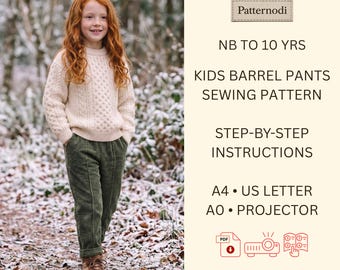 Cartamodello per pantaloni a cilindro per bambini, pantaloni per neonati e bambini piccoli, PDF per neonati, 0-10 anni
